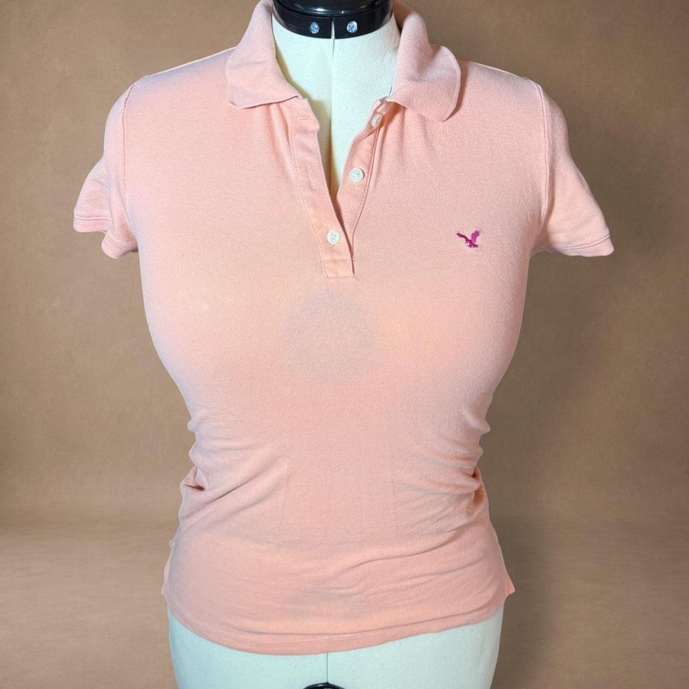 American Eagle Pink Polo Shirt Fitted Y2K Preppy Short Sleeve